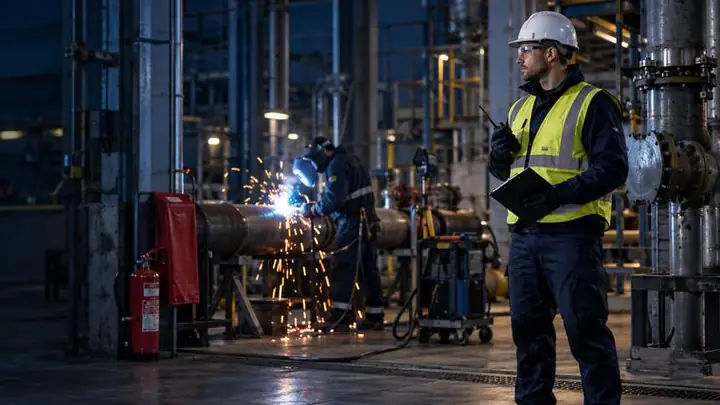Brandwacht met portofoon houdt toezicht tijdens laswerkzaamheden in een industriële omgeving