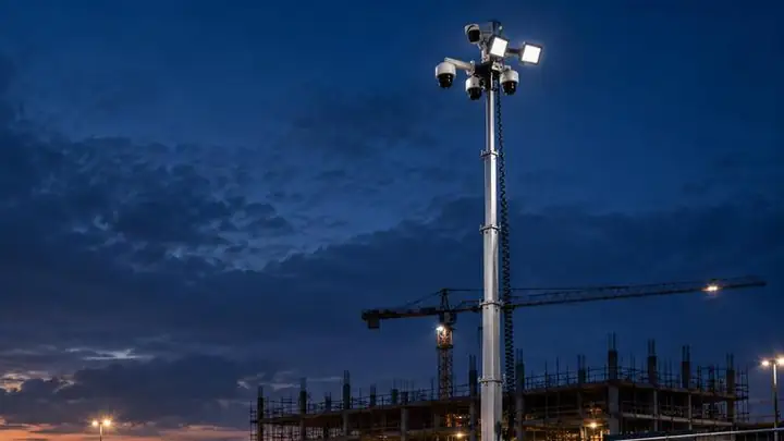 Mobiele cameramast met verlichting op een bouwterrein bij avond