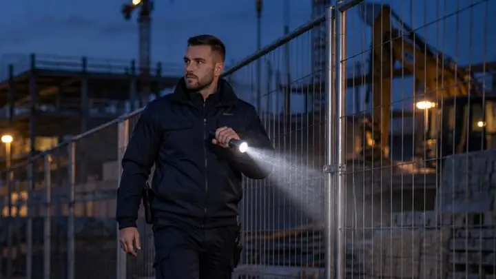 Beveiliger met zaklamp controleert het bouwhek van een bouwterrein bij schemer