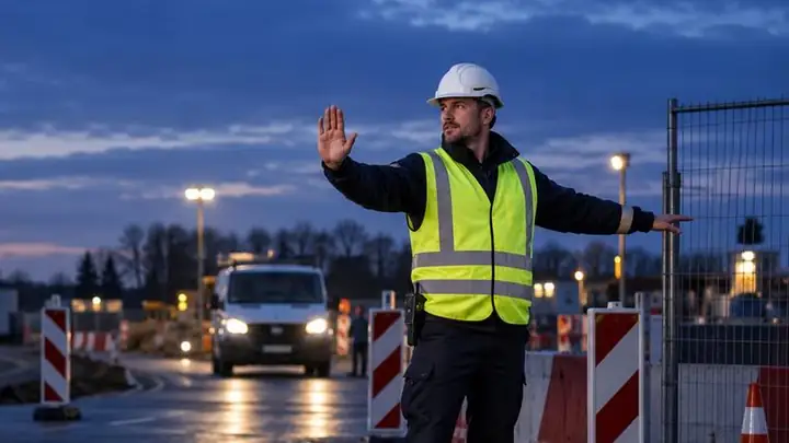 Verkeersregelaar in signaalhesje regelt het verkeer bij een wegafzetting